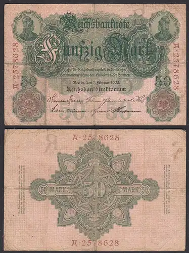 Ro 32 Reichsbanknote 50 Mark 1908 Pick 32 - F- (4-)  UDR R Seria A     (27903