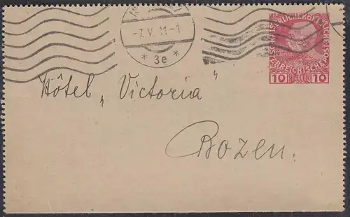 Österreich - Austria 1911 Ganzsache Kartenbrief von Innsbruck nach Bozen  (27868