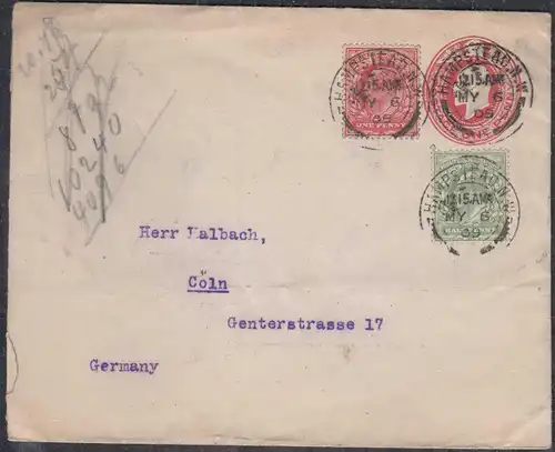 Great Britain UK Postal Stationery cover 1909 from HAMSTEAD to CÖLN   (65354