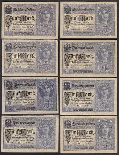  8 Stück á 5 Mark 1917 7 mal Ro 54b + 1 mal Ro 54a Pick 56 F-XF (2-4)    (28216