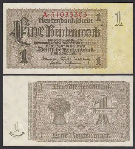 Rentenbankschein Deutsches Reich 1 Rentenmark 1937 Ros 166b  aUNC (1-)   (28248