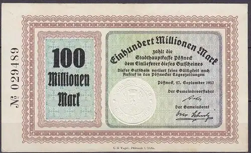 Thüringen - Pössneck 100 Millionen Mark 1923 Notgeld VF (3)   (12892