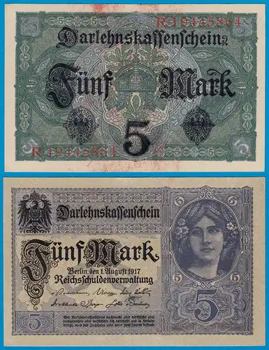 Deutschland - Germany 5 Mark 1917 Ro 54c Pick 56 VF+ (3+) Serie R  (18444