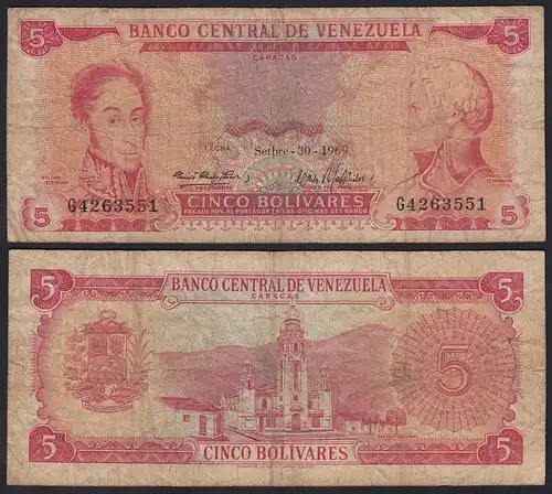 Venezuela 5 Bolivares Banknote 30.9.1969 VG (5) Pick 50c   (23939