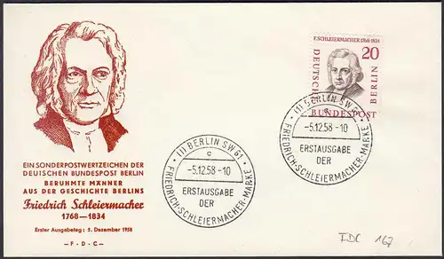 Berlin 1958 FDC Nr. 167 Friedrich Schleiermacher Theologe + Philosoph    (23819