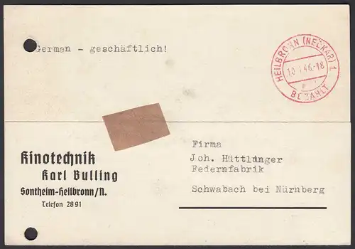 Heilbronn Neckar Gebühr bezahlt 10.1.1946 auf Karte   (23732