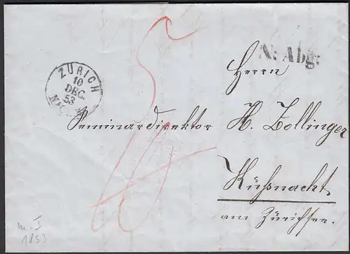 Zürich K1s Schweiz Brief 1853 nach Küssnacht Inhalt Taxiert    (23696