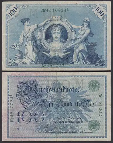Reichsbanknote 100 Mark 1908  Ro 34 VF (3) UDR M Serie L    (24362