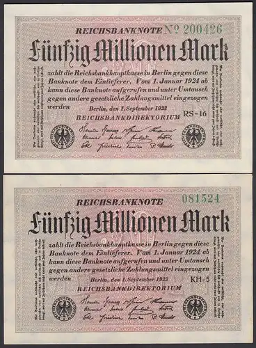 2 Stück á 50 Millionen Mark 1923 Ro 108e + 108k aUNC (1-) FZ: RS + KH     (28333