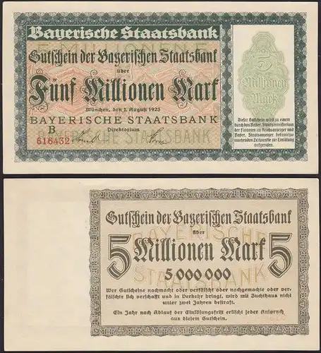 Bayern - 5 Millionen Mark Banknote Staatsbank Notgeld 1-8-1923 aUNC (1-)  (13175