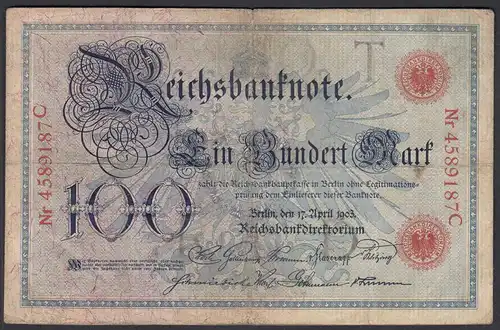 Reichsbanknote 100 Mark 1903 UDR T Serie C Ro 20 Pick 22 F (4)   (28273
