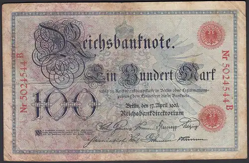 Reichsbanknote 100 Mark 1903 UDR Y Serie B Ro 20 Pick 22 F (4)   (28275