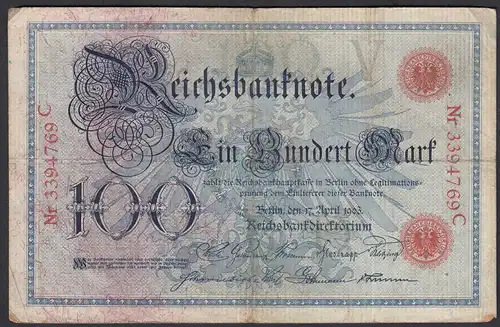 Reichsbanknote 100 Mark 1903 UDR V Serie C Ro 20 Pick 22 F (4)   (28276