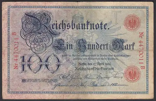 Reichsbanknote 100 Mark 1903 UDR T Serie B Ro 20 Pick 22 F (4)   (28277