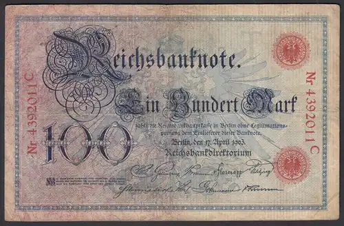 Reichsbanknote 100 Mark 1903 UDR T Serie C Ro 20 Pick 22 F (4)     (28278
