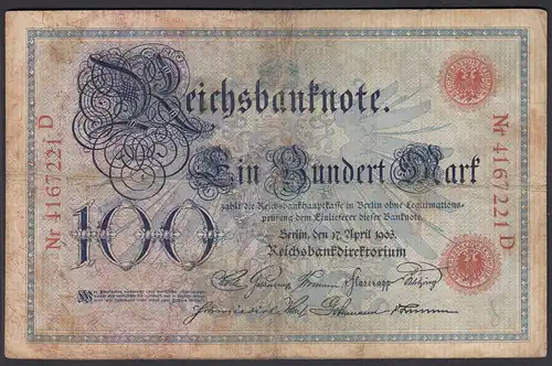 Reichsbanknote 100 Mark 1903 UDR G Serie D Ro 20 Pick 22 F (4)     (28279