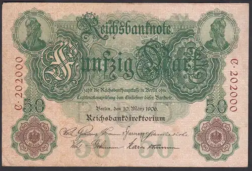 Reichsbanknote 50 Mark 1906 Ro 25a Pick 26 Y/C / F (4) Nummer !!       (28303