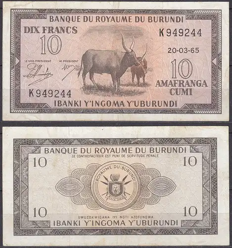 Burundi 10 Francs 20-03-1965 PICK 9 VF (3)    (11575