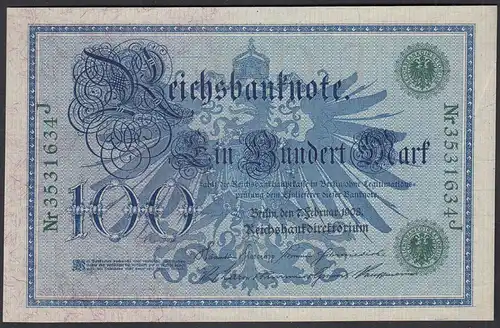 Reichsbanknote 100 Mark 1908 UDR J Serie J Ro 34 XF+ (2+)   (28336