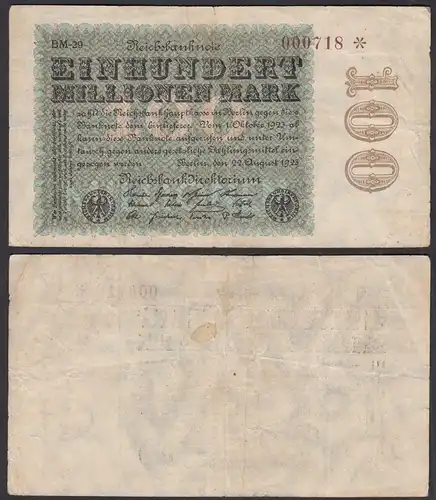 100 Millionen Mark 1923 Ro 106l Star Note FZ: BM BZ: 29   (28369