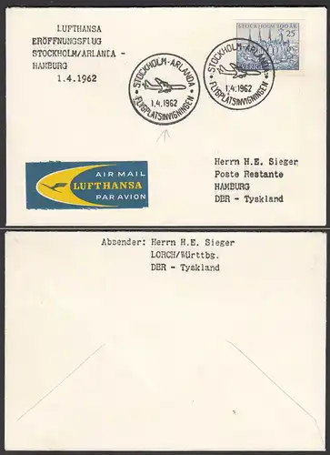 First flight Lufthansa STOCKHOLM-ARLANDA-HAMBURG Partial route 1962  (28664