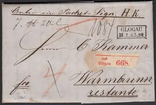 Schlesien 1861 GLOGAU R2 Paketbegleitbrief - WARMBRUMM R2 mit Inhalt  (28679