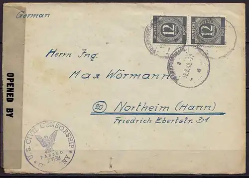 Alliierte Besatzung Brief 1946 nach Northeim US Censorship 20698   (10309