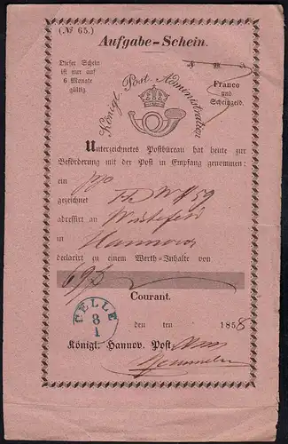 1858 Hannover Königliche Post Aufgabe-Schein CELLE - Hannover    (23093