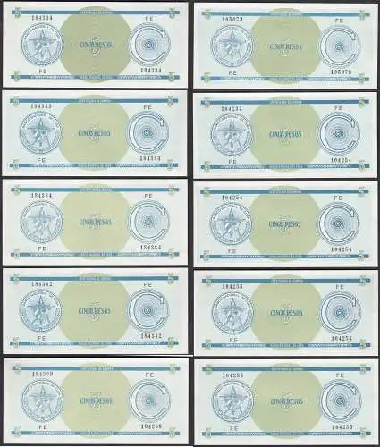 Kuba - Cuba 10 Stück á 5 Peso Foreign Exchange Certificates 1985 Pick FX13 UNC