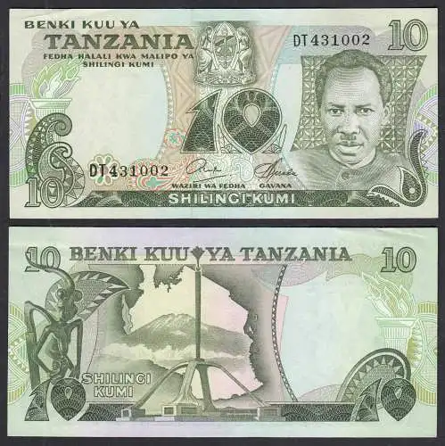 TANSANIA - TANZANIA 10 Schilling (1978) Pick 6b sig.6 XF (2)     (28840