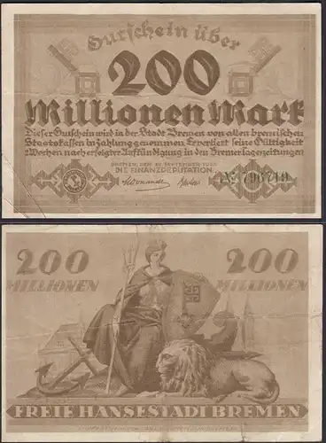 Bremen 200 Millionen Mark Banknote 1923 F (4)   (28934