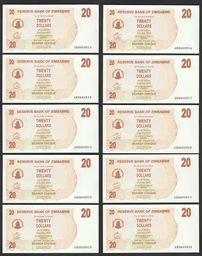 Simbabwe - Zimbabwe 10 Stück á 20 Dollars 2007 Pick 40 UNC (1)     (89209