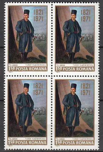 Rumänien-Romania 1971 Mi. 2906 ** MNH Tudor Vladimirescu Block of 4   (65398