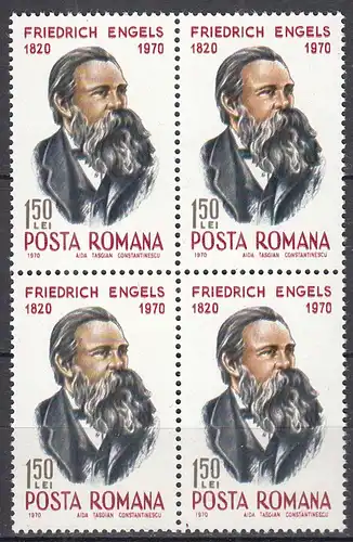 Rumänien-Romania 1970 Mi. 2867 ** MNH Friedrich Engels Block of 4   (65404