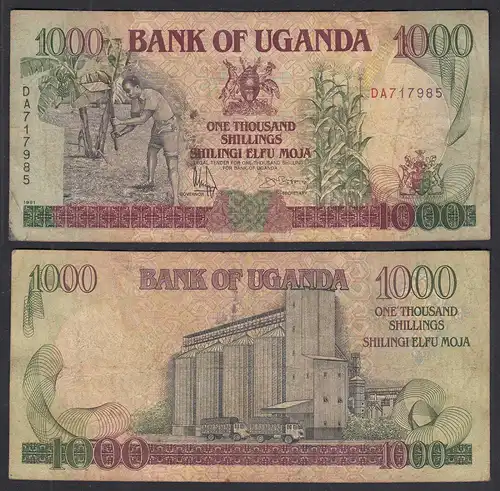 Uganda 1000 Shillings Banknote 1991 Pick 34b F- (4-)     (28984