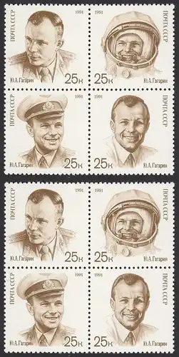 Russia UDSSR 1991 SPACE GAGARIN Mi.6185-88A ** MNH 2 Blocks of 4     (83001