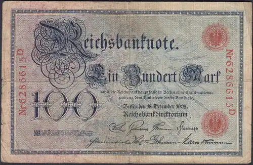 Reichsbanknote 100 Mark 1905 Ro 23b Pick 24 UDR S Serie D Erh. F- (4-)   (27272