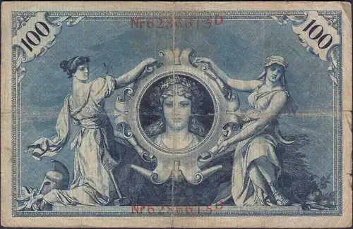 Reichsbanknote 100 Mark 1905 Ro 23b Pick 24 UDR S Serie D Erh. F- (4-)   (27272