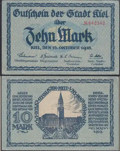 GERMANY - KIEL 10 Mark NOTGELD 1918 AU  (13325