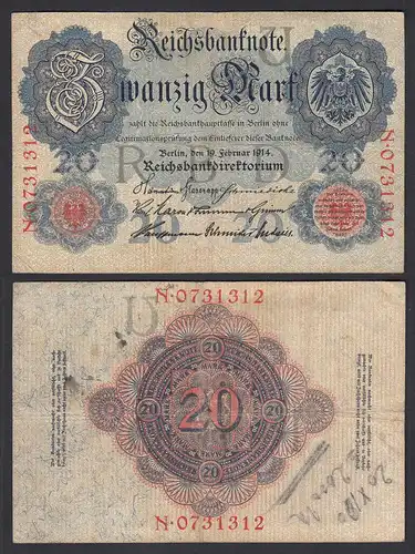 20 Mark 1914 Ro 47b Pick 46 VF (3) Serie N UDR U 7-stellig      (29011