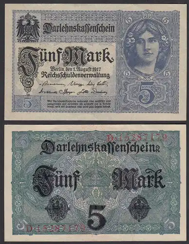 Deutschland - Germany 5 Mark 1917 Ro 54c Pick 56 VF/XF (2/3) Serie D   (29015