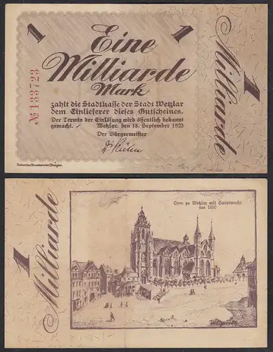 Hessen -Wetzlar 1-Milliarde Mark 1923 Stadtkasse Gutschein Notgeld  (29030