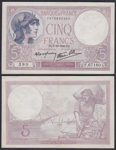 Frankreich - France - 5 Francs Banknote 5-12-1940 Pick 83 VF/XF (2/3)   (29139