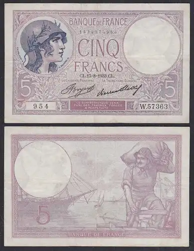 Frankreich - France - 5 Francs Banknote 17-8-1933 Pick 72e VF (3)   (29142