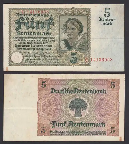 Rentenbankschein 5 Rentenmark 1926 Ro 164b  F/VF Serie C  (29177