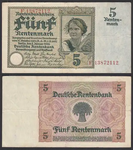 Rentenbankschein 5 Rentenmark 1926 Ro 164b Pick 169 VF (3) Serie E     (29180