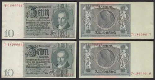 2 Stück á 10 Reichsmark im Paar 1929 D. Reich Ro 173a Udr F Serie T XF (2)