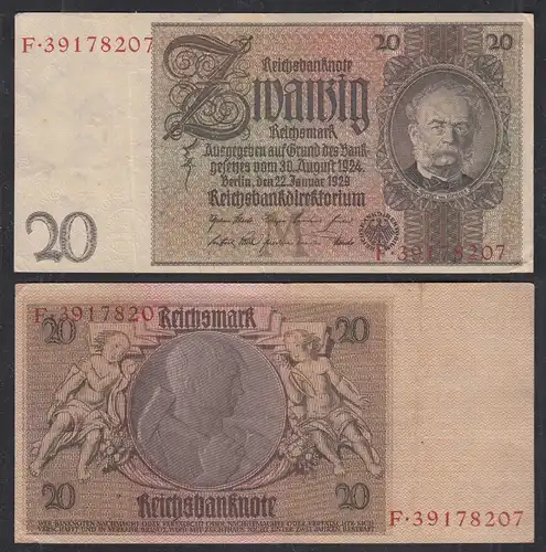 Deutschland - Germany 20 Reichsmark 1929 Ro 174a Pick 181 VF (3) Udr M - Serie F