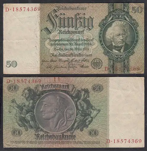 50 Reichsmark 1933 D. Reich Ro 175b Pick 182 VF- (3-) Udr K - Serie D   (29240