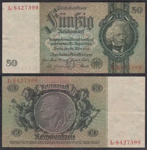 50 Reichsmark 1933 3. Reich Ro 175a Pick 182 VF (3) Udr O - Serie L   (29241